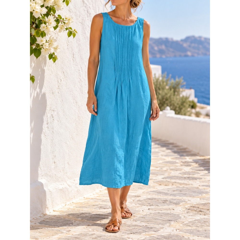 J.Jill 100% Linen Blue Pintuck Midi Dress Coastal Island Beach Boho Resort Euro